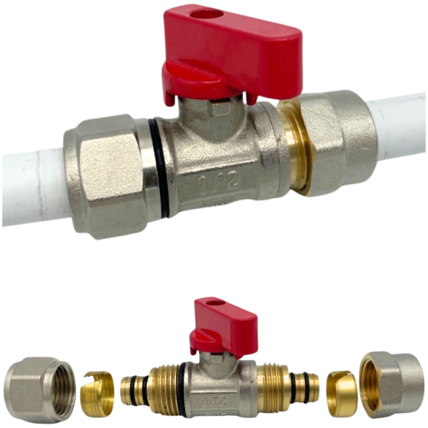 ZAWÓR KULOWY 16X16 MM PEX ADAPTER CZERWONY