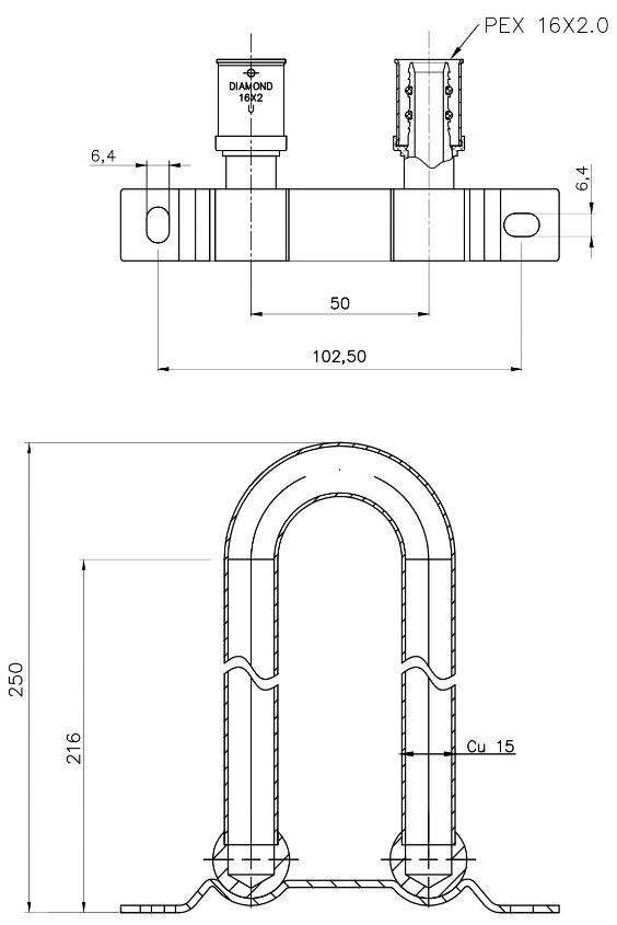 ZESPÓŁ KOLAN PEX Z MOCOWANIEM Z RURKĄ CHROM 15MM